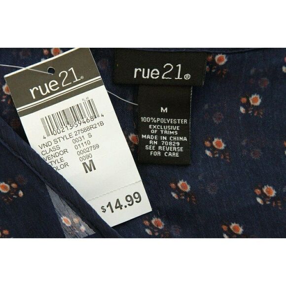 Rue 21 Blue Top Women's Size Medium Peasant Lace-Up Sheer Print Nwt - Picture 5 of 5